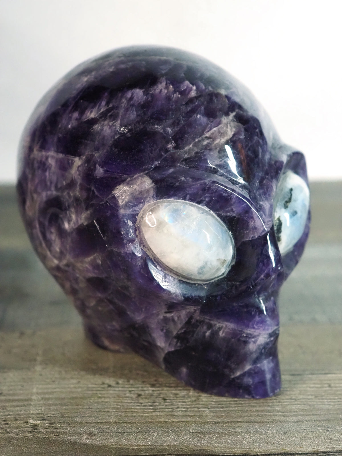 Chevron Amethyst Alien Head with Blue Moonstone Eyes