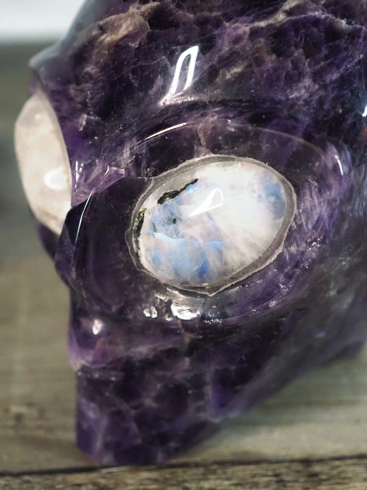 Chevron Amethyst Alien Head with Blue Moonstone Eyes