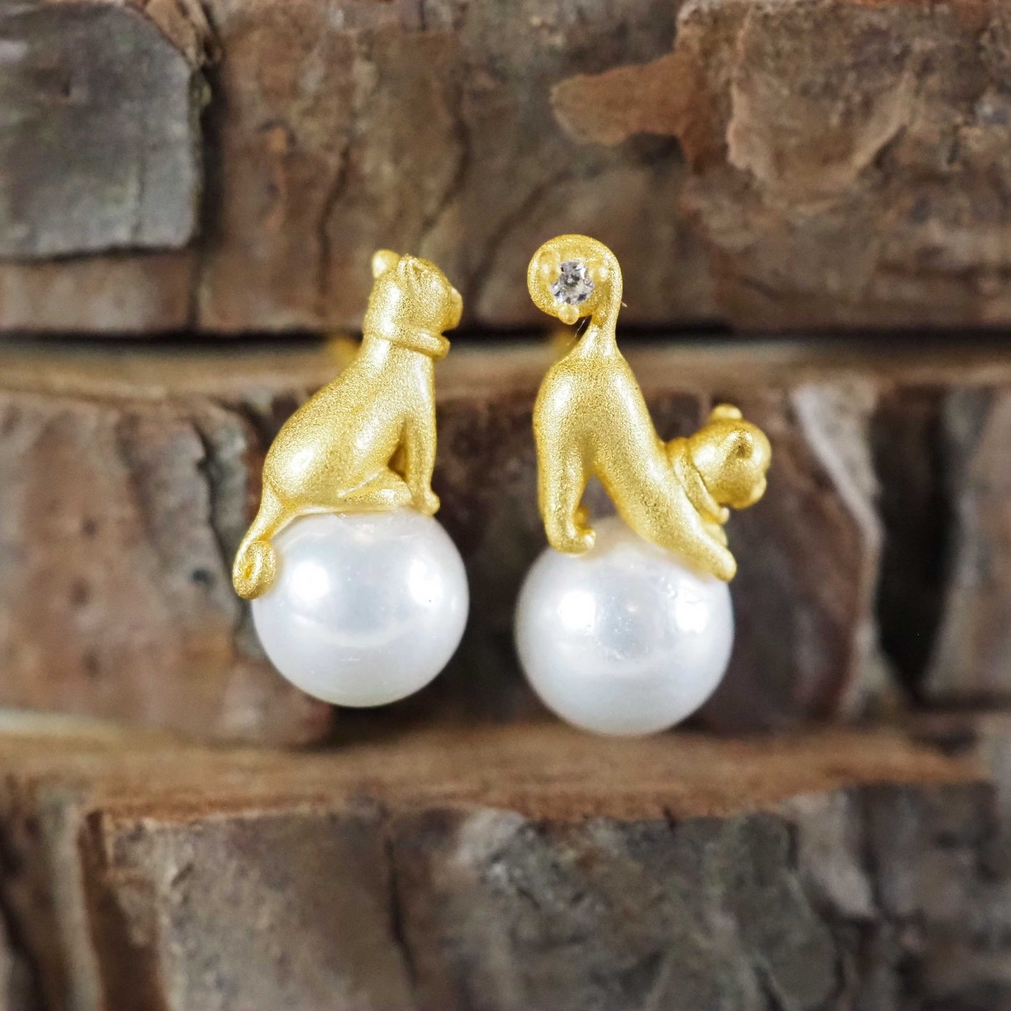 Playful Kittens and Pearls Mismatched Stud Earrings