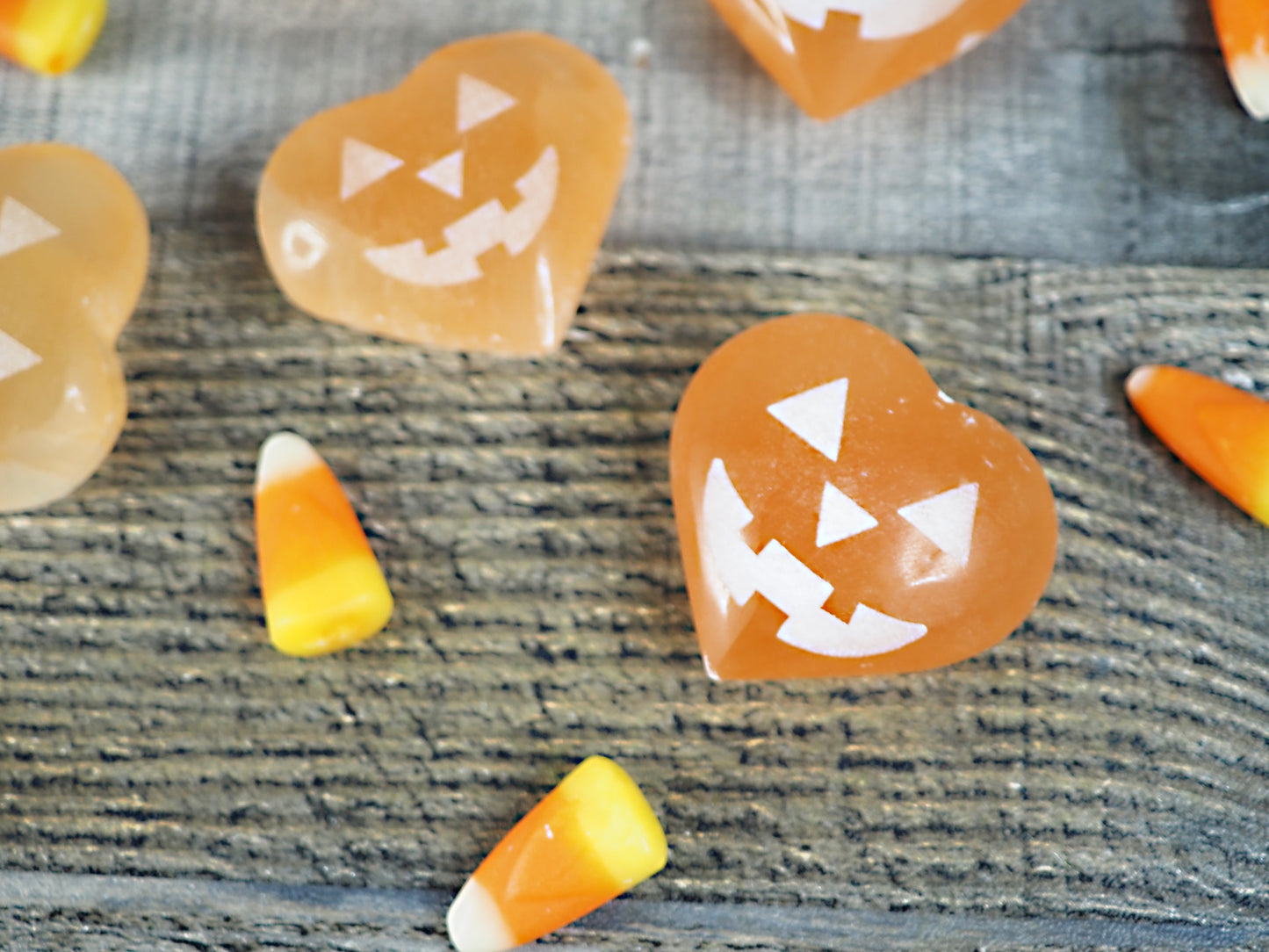 Peach Satin Spar Selenite Jack-o-Lantern Halloween Hearts