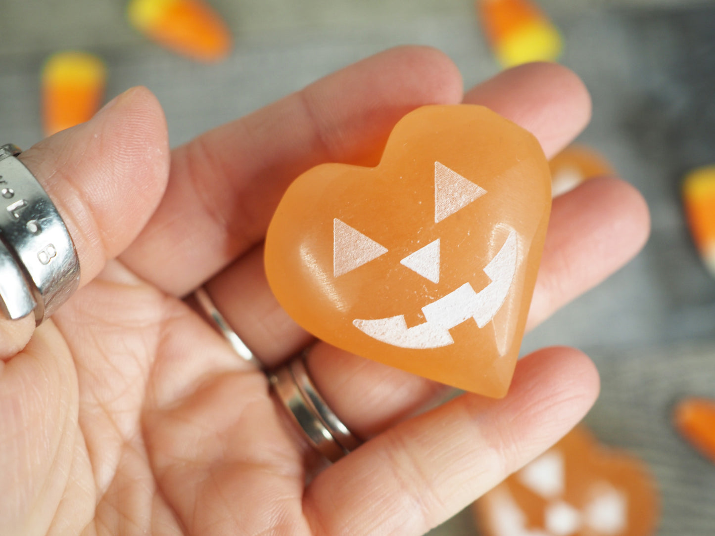 Peach Satin Spar Selenite Jack-o-Lantern Halloween Hearts