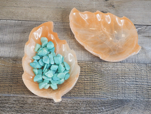 Peach Satin Spar Selenite Leaf-Shaped Bowls
