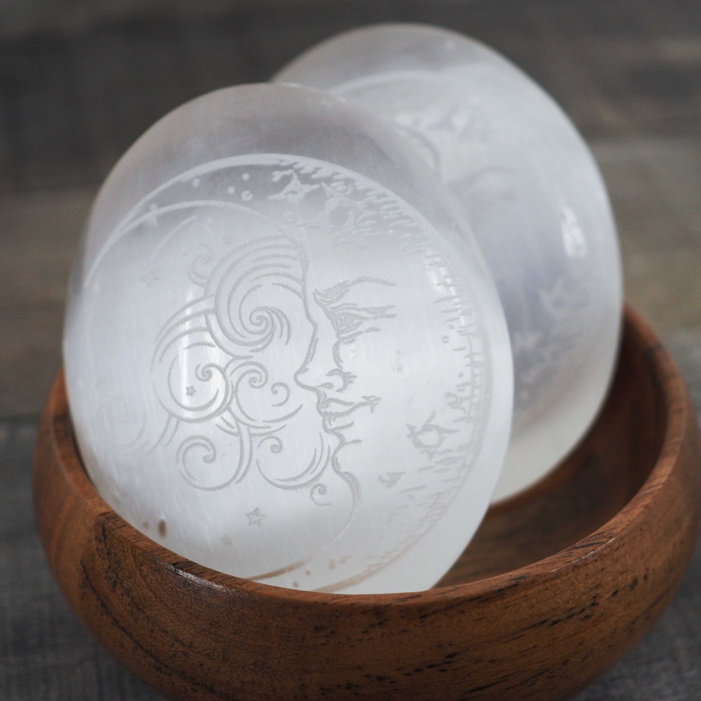 Satin Spar Selenite Moon-Engraved Palm Stones