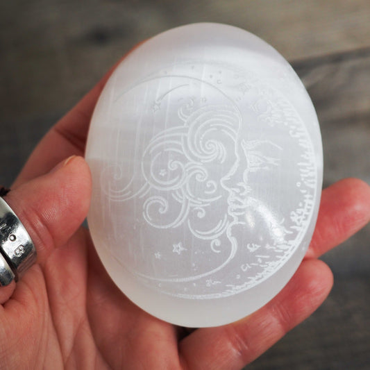 Satin Spar Selenite Moon-Engraved Palm Stones