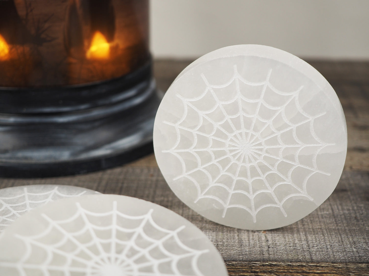 Satin Spar Selenite Spiderweb Engraved Charging Plate