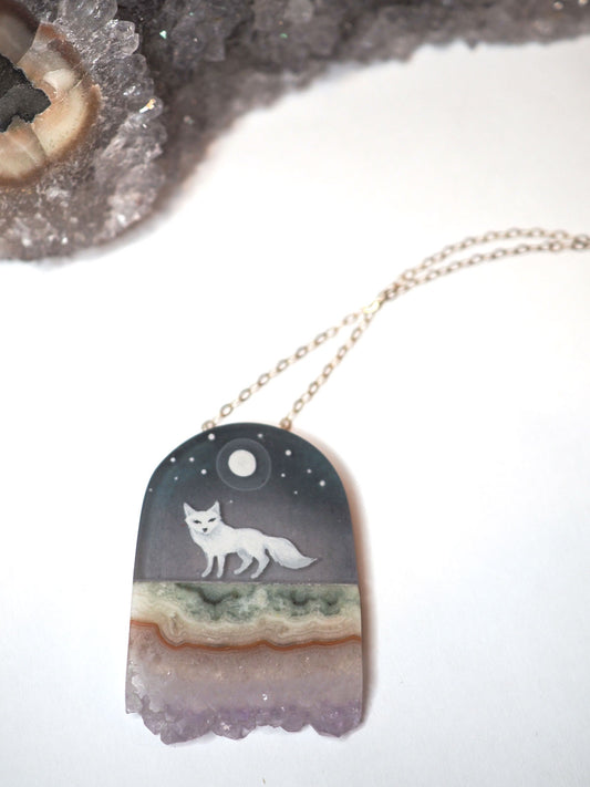 Arctic fox under the moon, hand-painted resin and amethyst necklace