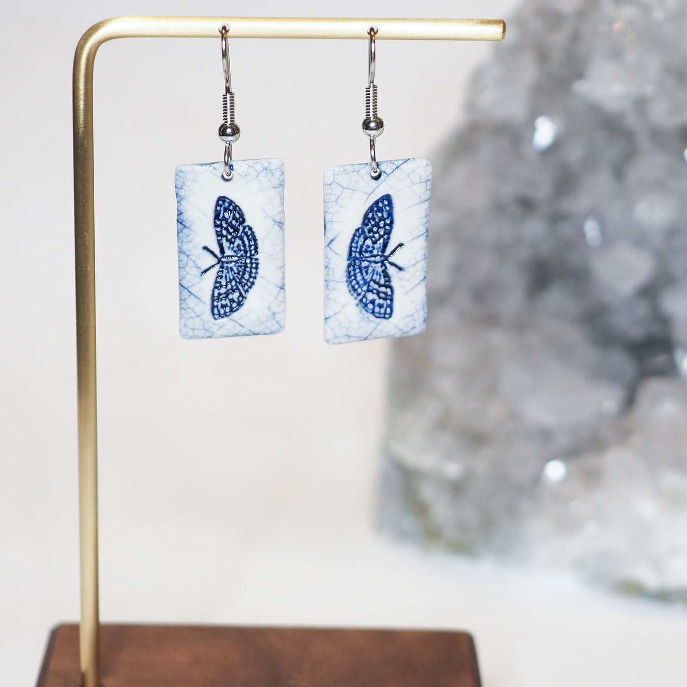 Blue and white butterfly porcelain earrings