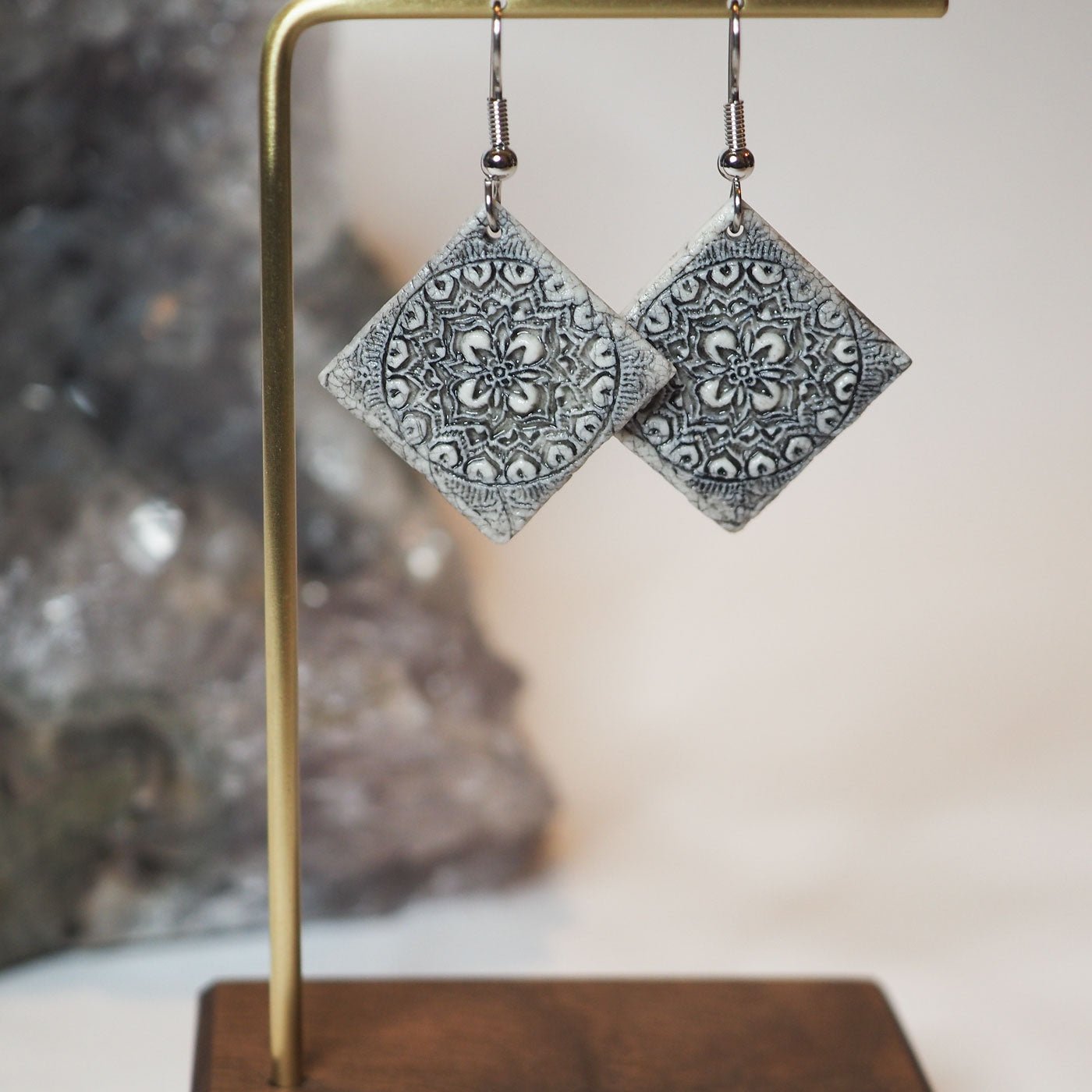 Black and white mandala, diamond-shaped porcelain earrings