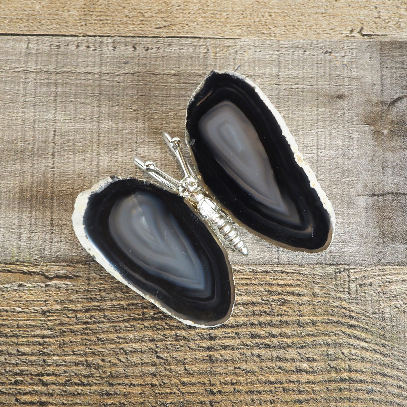 Butterfly Decoration with Black Agate wings and a silver metal body