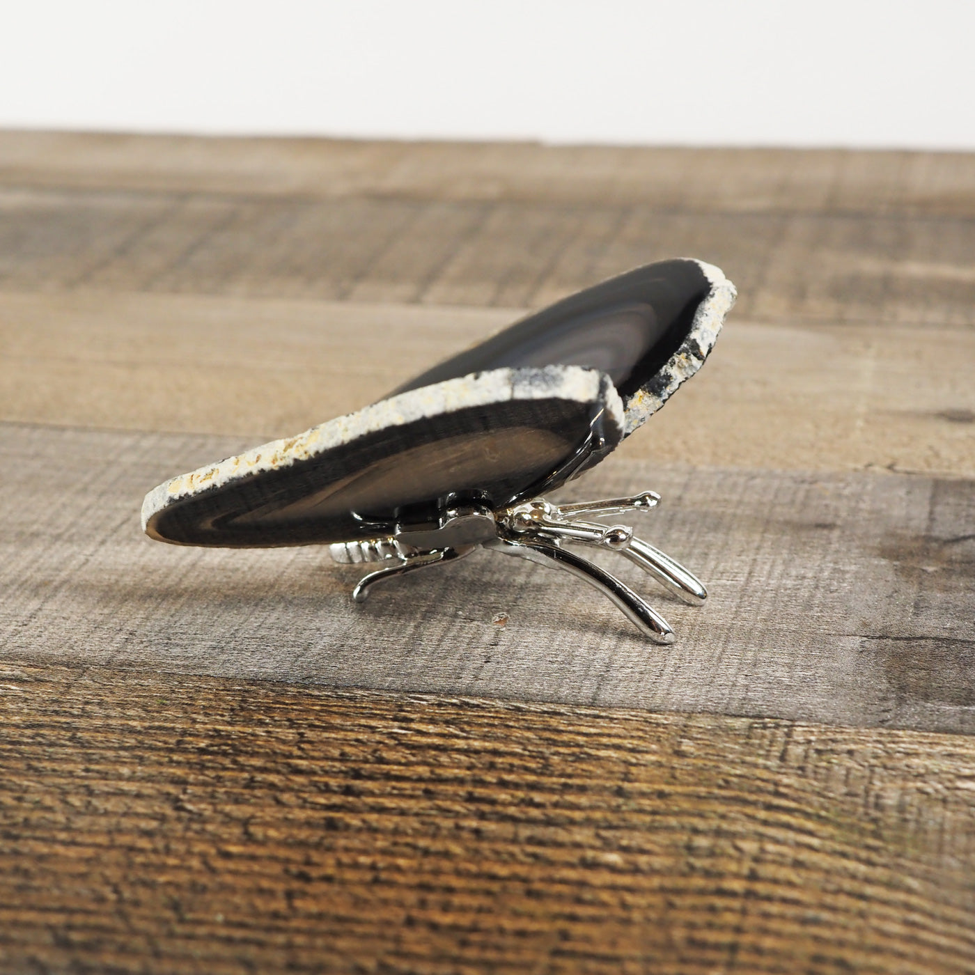 Butterfly Decoration with Black Agate wings and a silver metal body