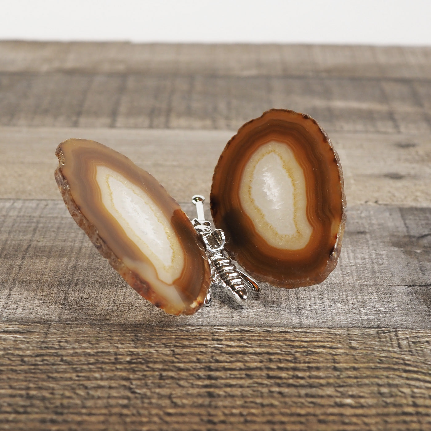 Butterfly Decoration with Brown Agate wings and a silver metal body