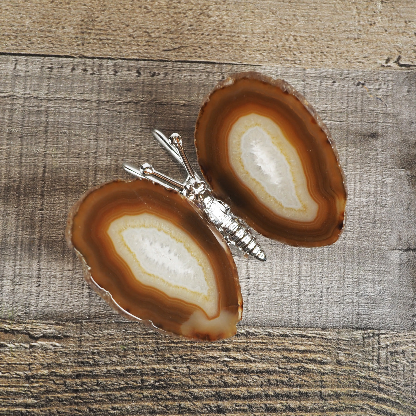 Butterfly Decoration with Brown Agate wings and a silver metal body