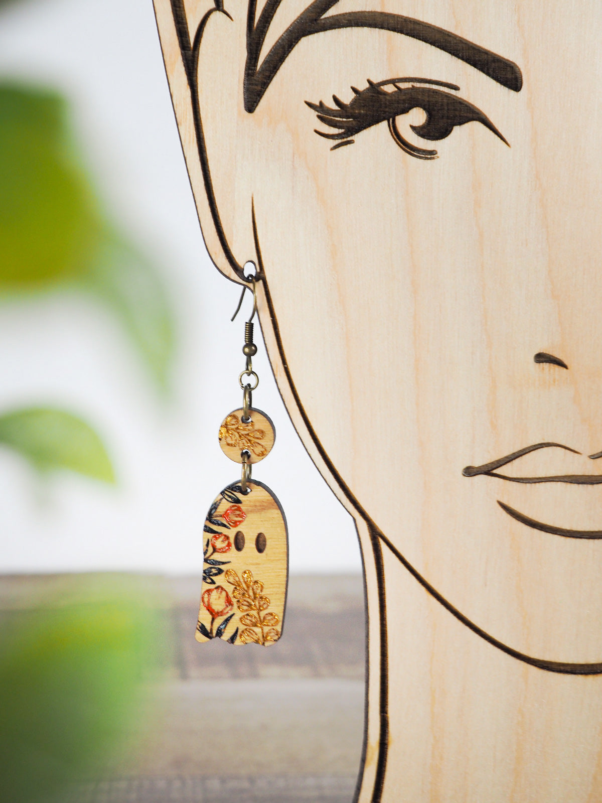 Cherry Wood Floral Ghost Earrings