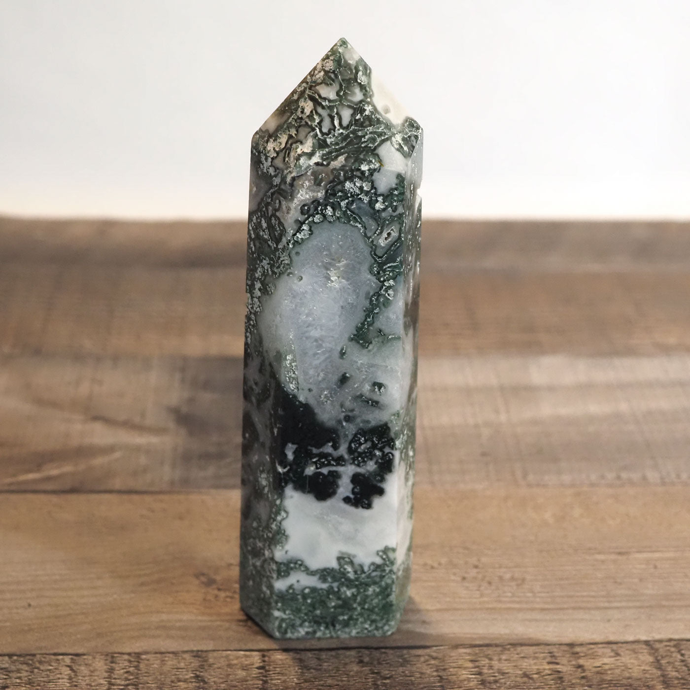 Large Moss Agate Tower with Quartz Druzy Pockets