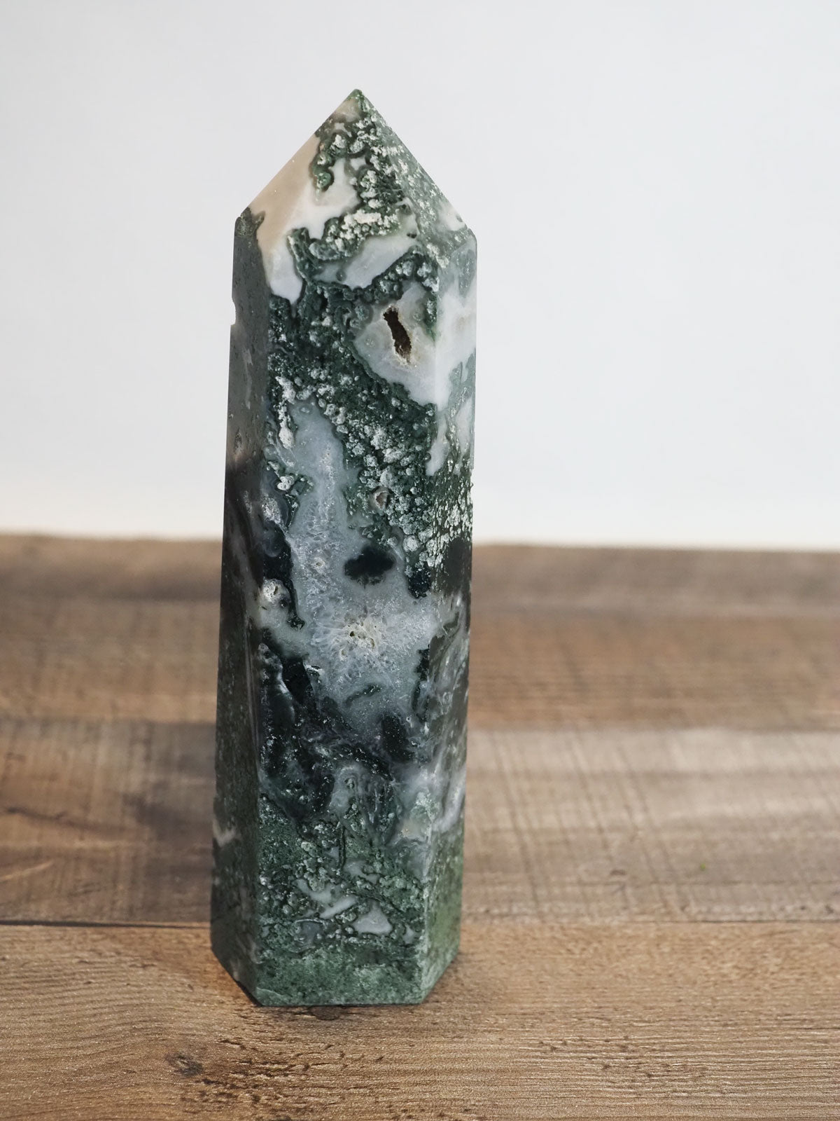 Large Moss Agate Tower with Quartz Druzy Pockets