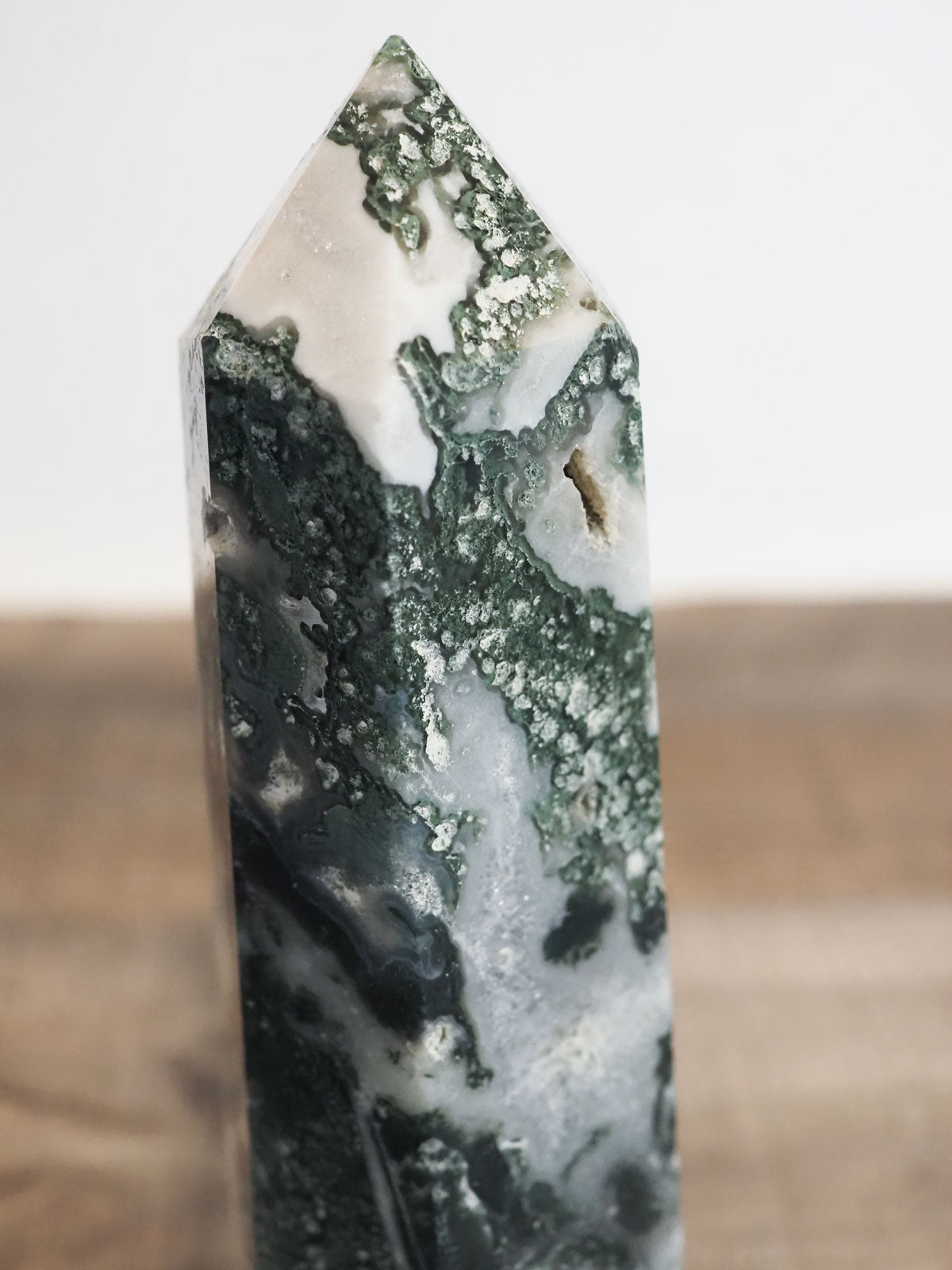 Large Moss Agate Tower with Quartz Druzy Pockets