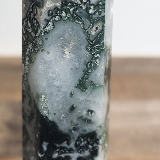 Large Moss Agate Tower with Quartz Druzy Pockets