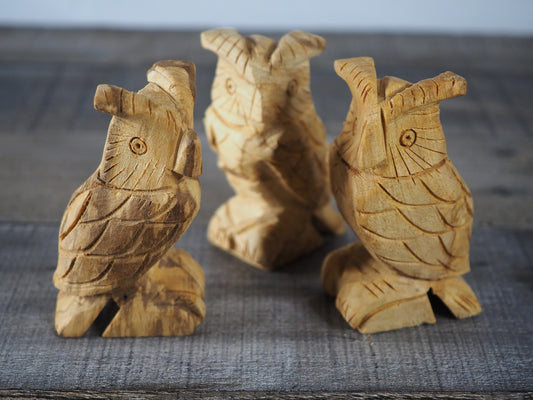 3 little 3" tall hand-carved Palo Santo owls