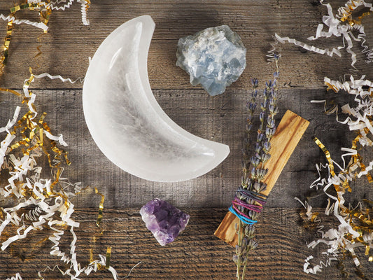 Satin Spar Selenite Bowl, Blue Celestite Cluster, Purple Amethyst Cluster, and a Lavender and Palo Santo bundle