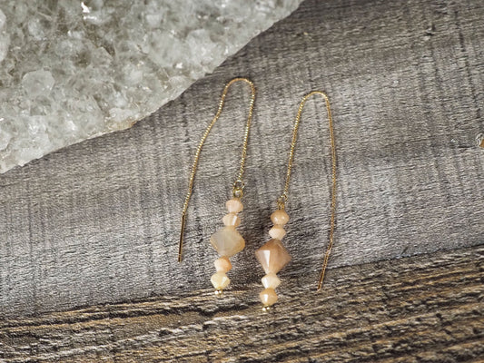 Sunstone & Peach Moonstone Threader Earrings