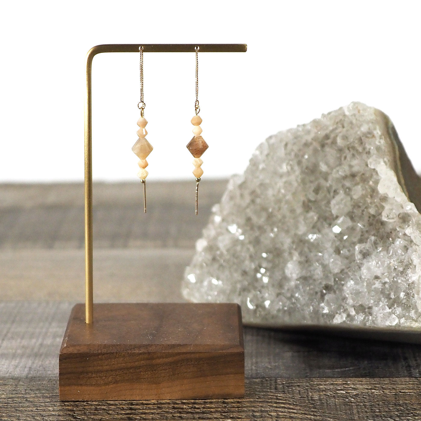 Sunstone & Peach Moonstone Threader Earrings
