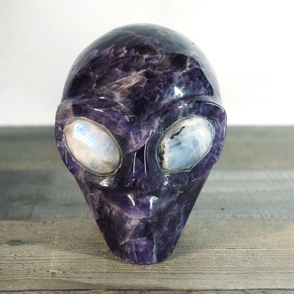 Chevron Amethyst Alien Head with Blue Moonstone Eyes