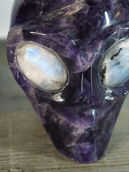Chevron Amethyst Alien Head with Blue Moonstone Eyes