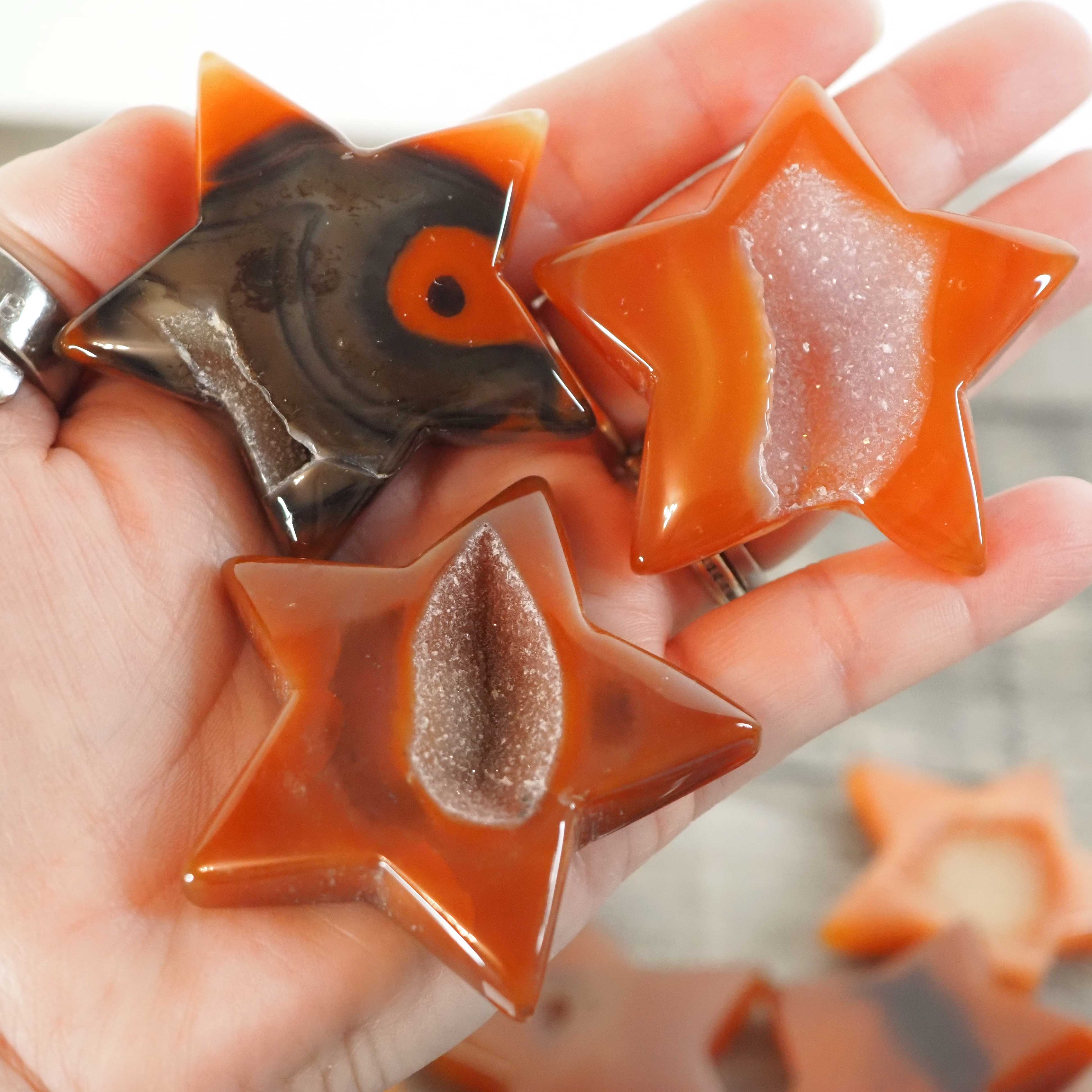 Druzy Carnelian Star Carvings