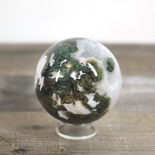 Moss Agate Sphere C with Quartz and Druzy