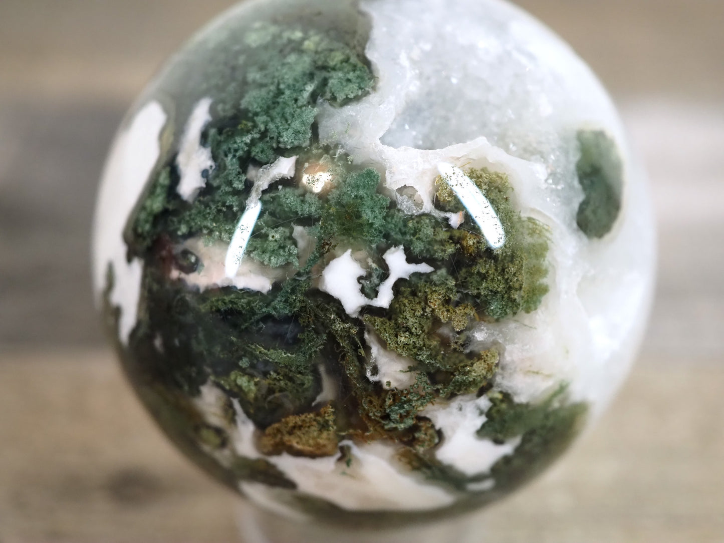 Moss Agate Sphere C with Quartz and Druzy