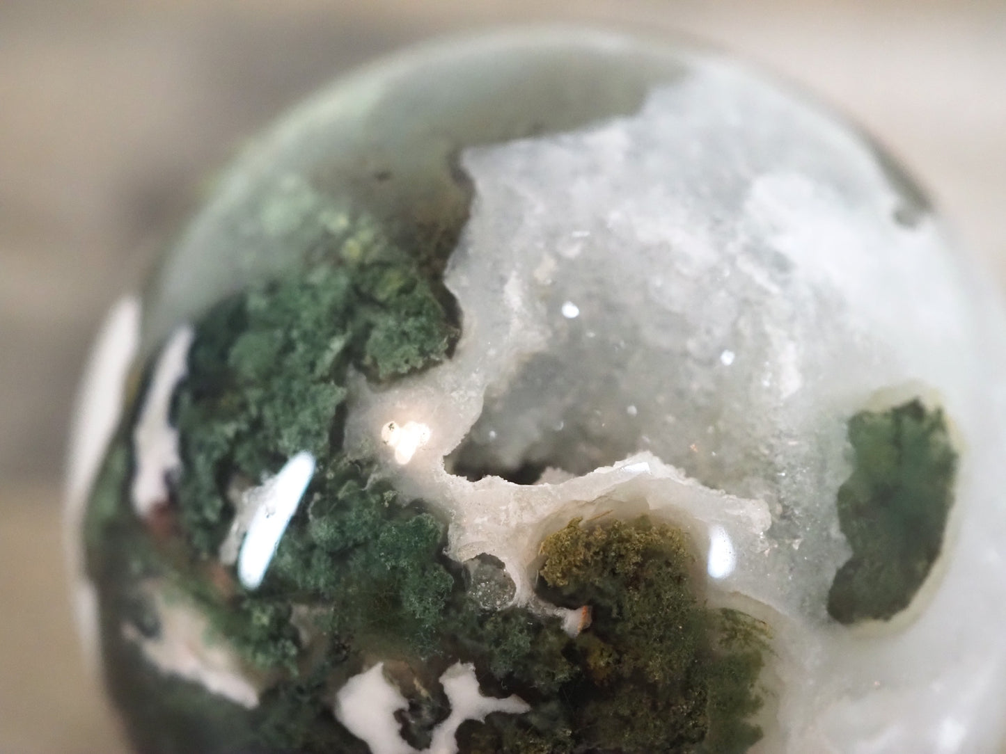 Moss Agate Sphere C with Quartz and Druzy