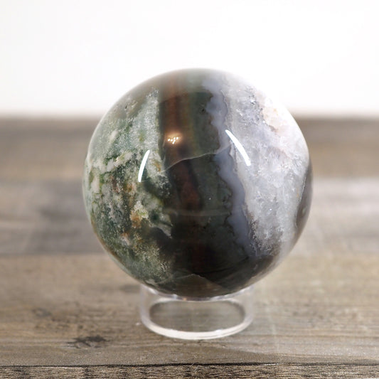 Moss Agate Sphere D with Banded Agate and Druzy