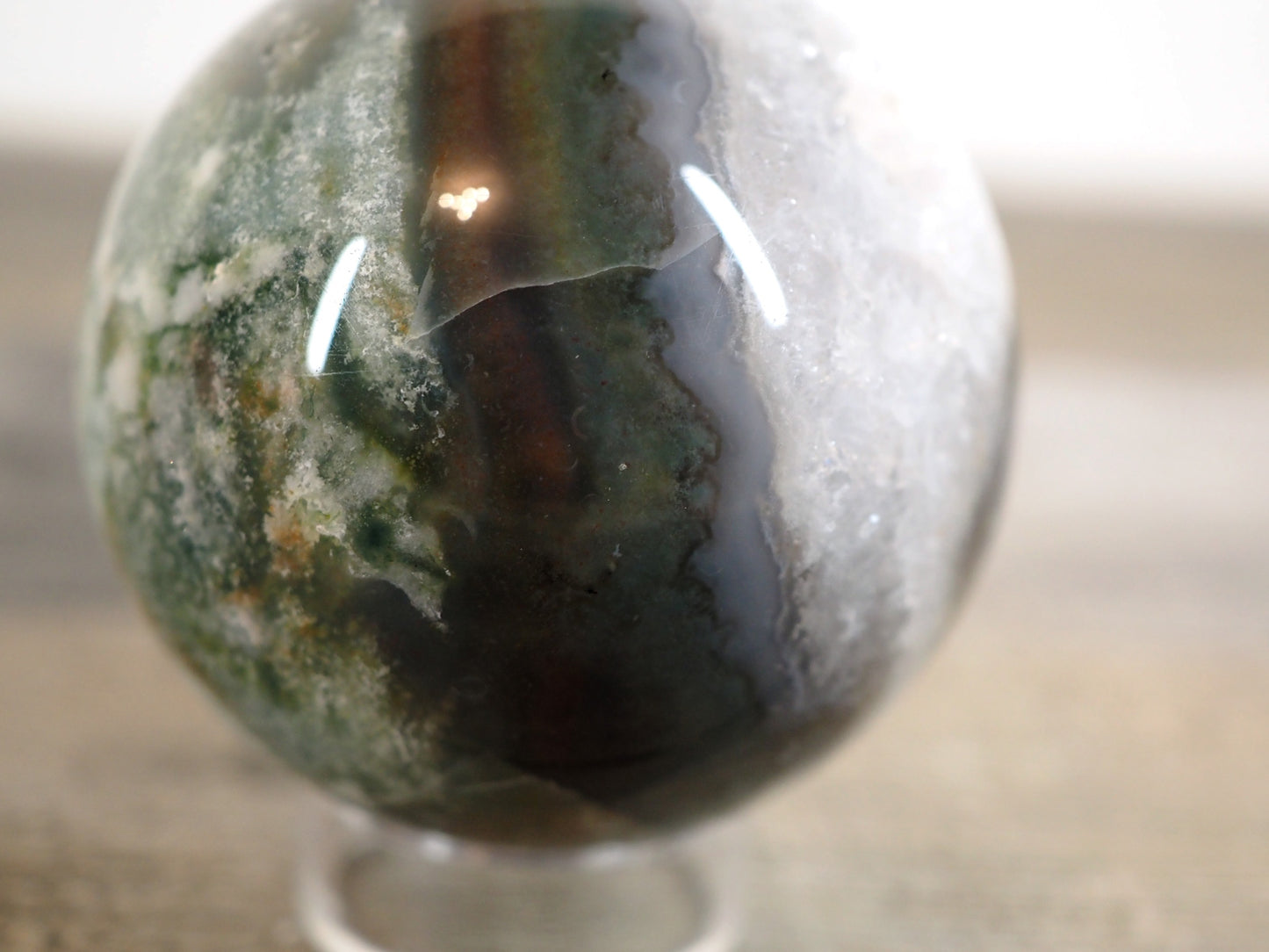 Moss Agate Sphere D with Banded Agate and Druzy