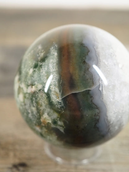 Moss Agate Sphere D with Banded Agate and Druzy