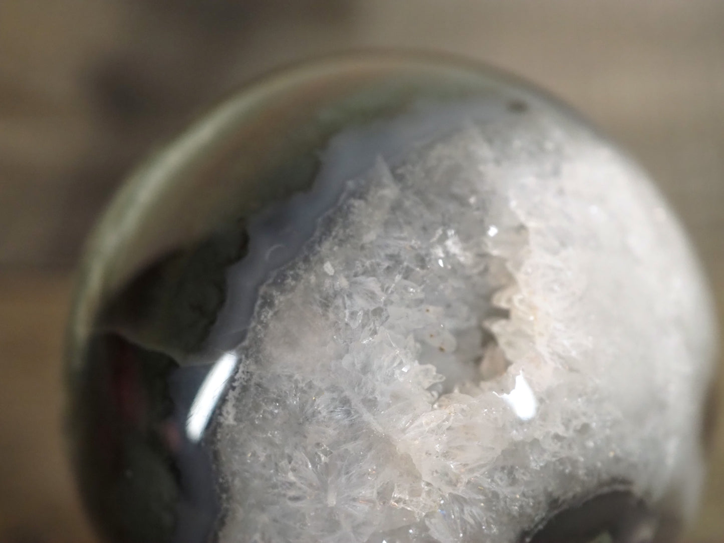 Moss Agate Sphere D with Banded Agate and Druzy