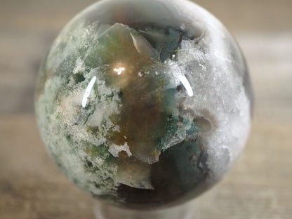 Moss Agate Sphere D with Banded Agate and Druzy