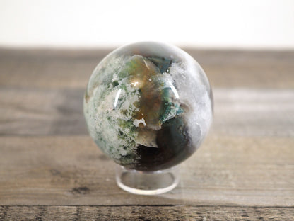 Moss Agate Sphere D with Banded Agate and Druzy