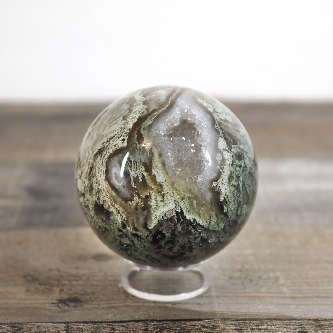 Moss Agate Sphere E with Sparkling Druzy Pockets