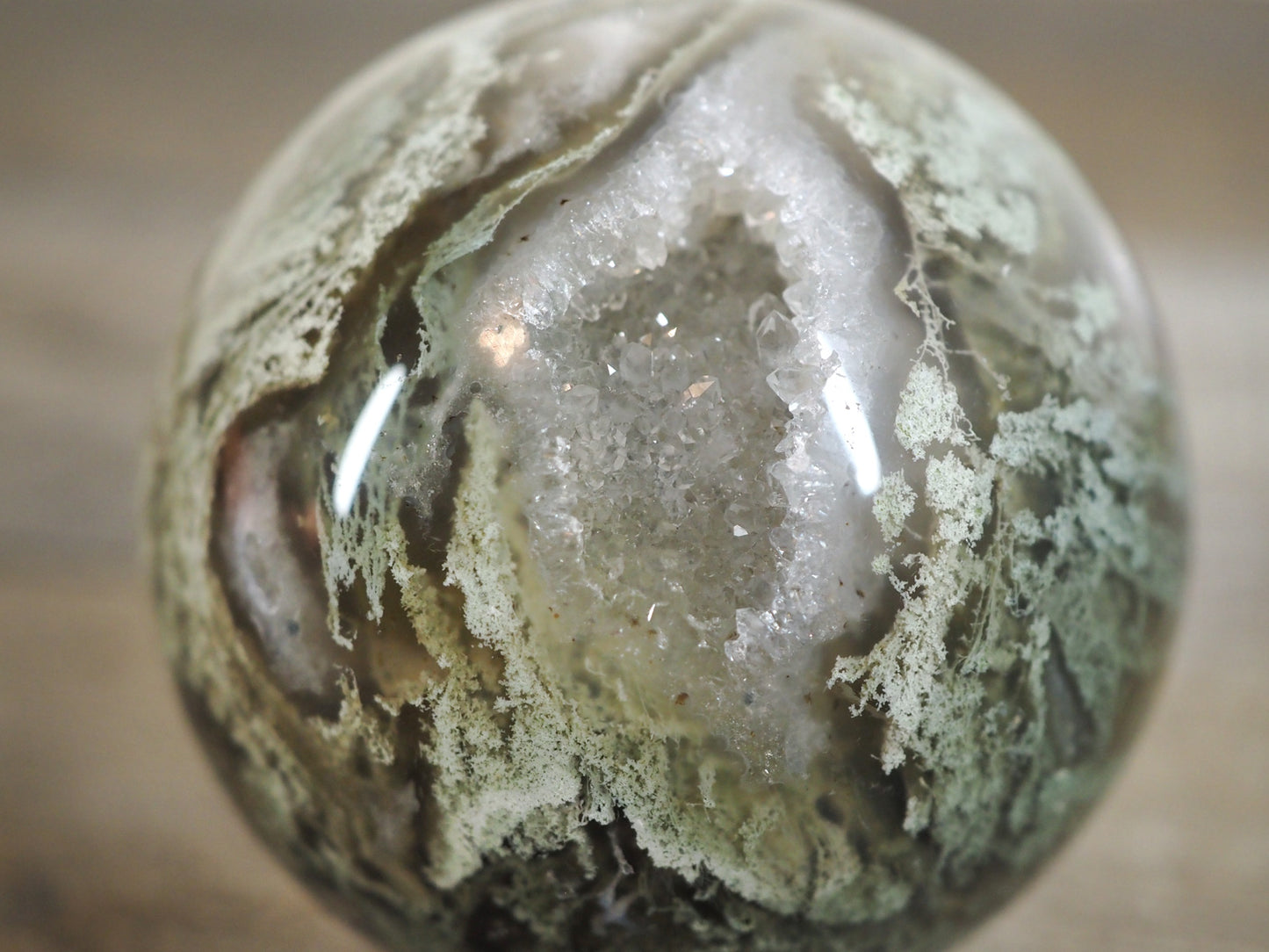 Moss Agate Sphere E with Sparkling Druzy Pockets