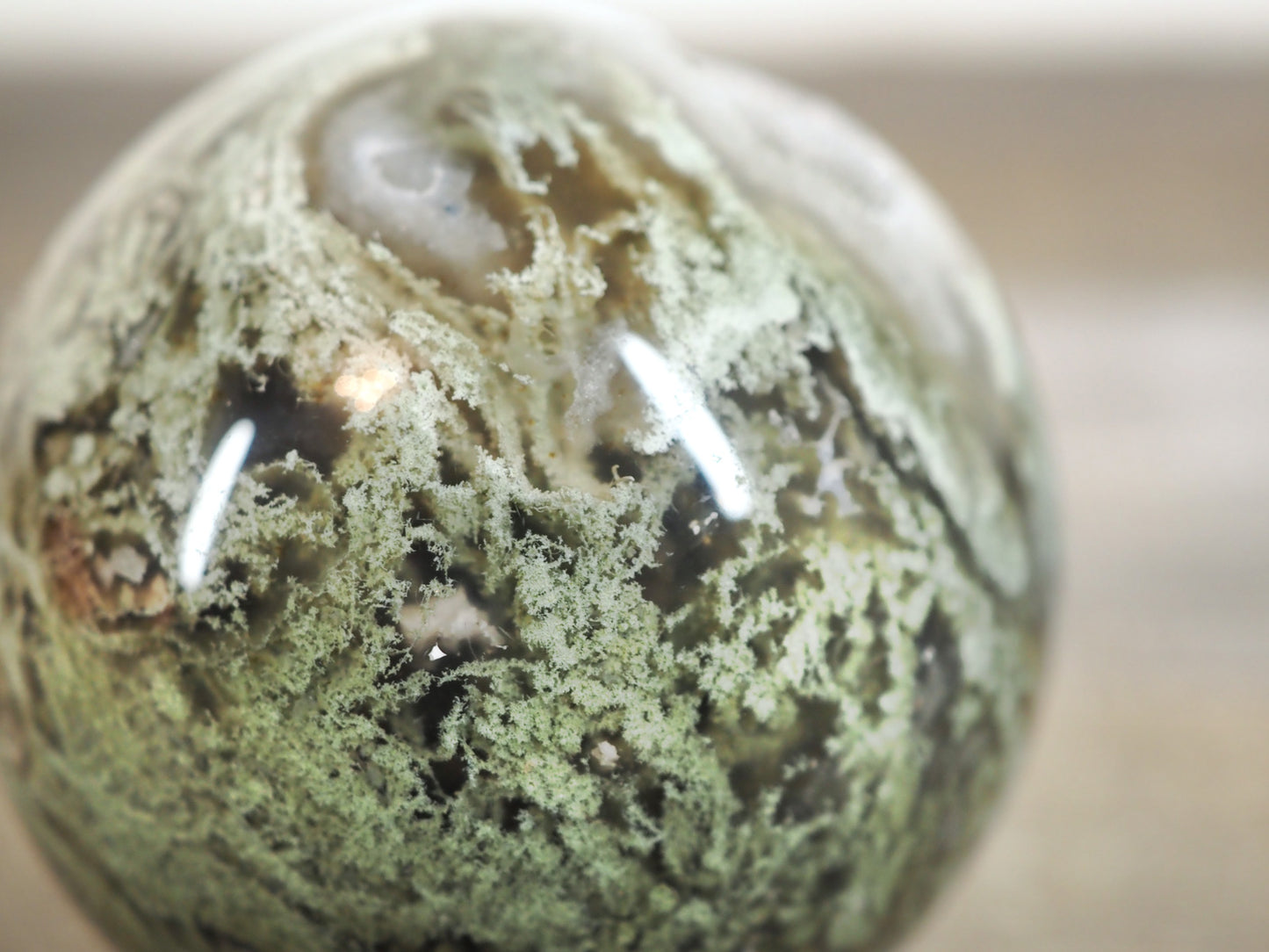 Moss Agate Sphere E with Sparkling Druzy Pockets