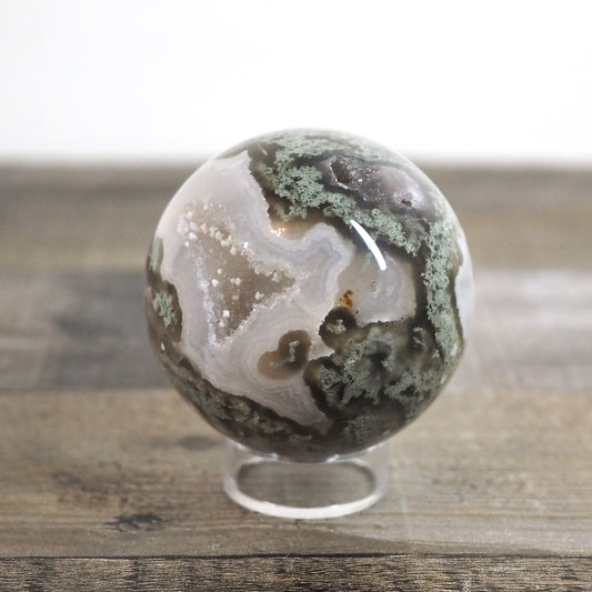 Moss Agate Sphere F with Sparkling Druzy Pockets and Blue Chalcedony