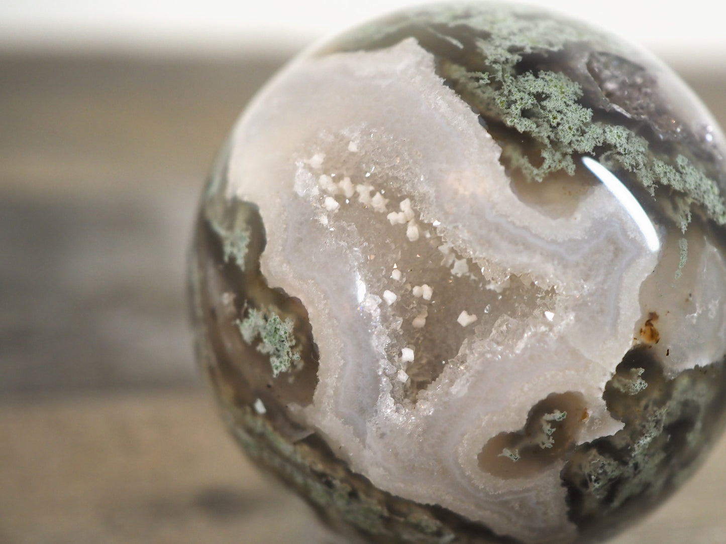 Moss Agate Sphere F with Sparkling Druzy Pockets and Blue Chalcedony