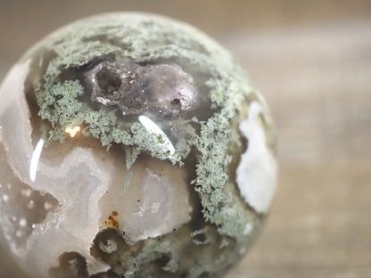 Moss Agate Sphere F with Sparkling Druzy Pockets and Blue Chalcedony