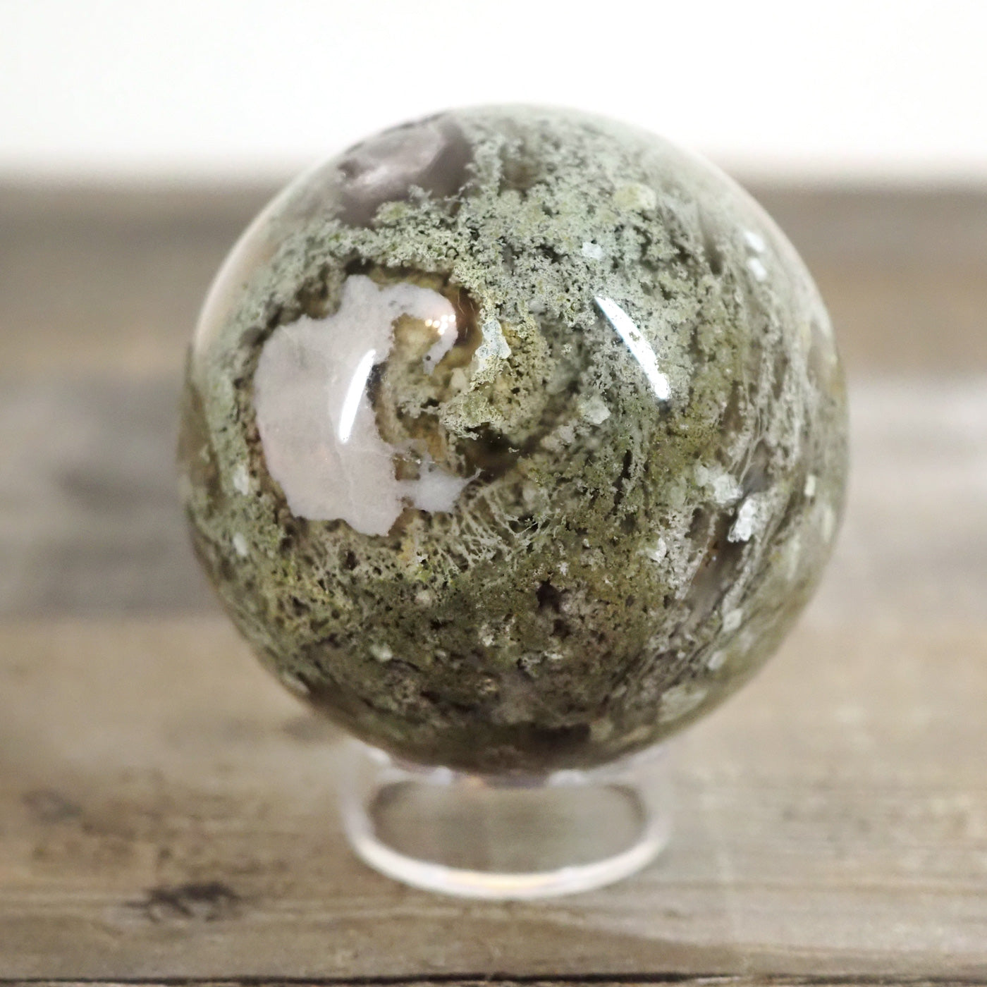 Moss Agate Sphere F with Sparkling Druzy Pockets and Blue Chalcedony