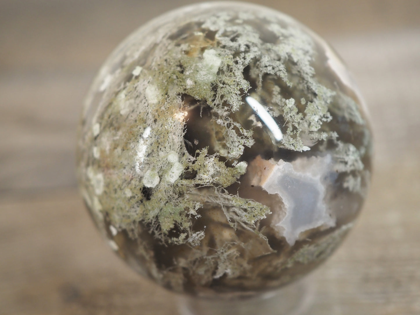 Moss Agate Sphere F with Sparkling Druzy Pockets and Blue Chalcedony