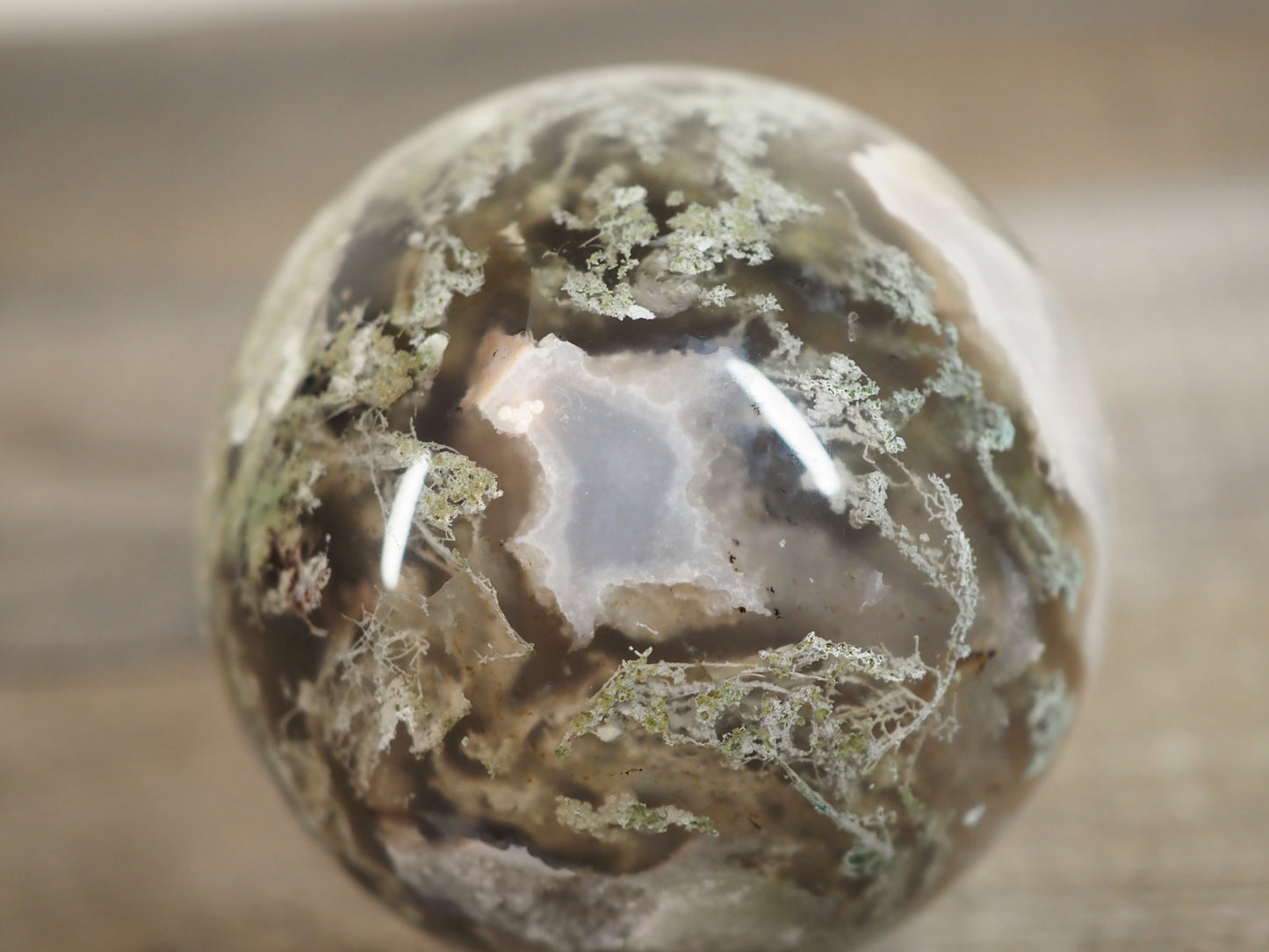 Moss Agate Sphere F with Sparkling Druzy Pockets and Blue Chalcedony