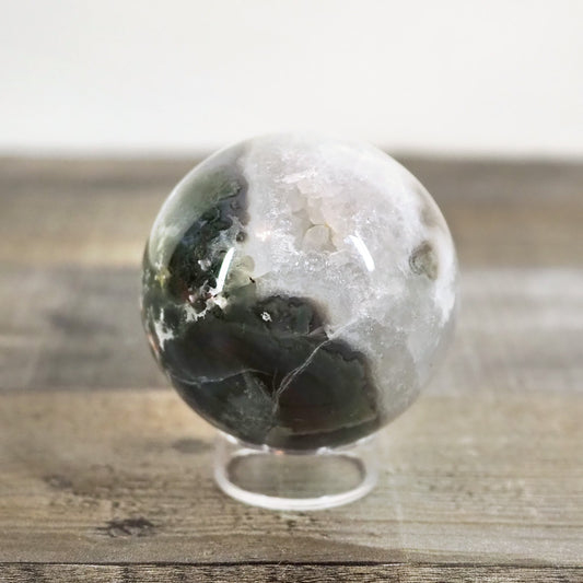 Moss Agate Sphere G with Druzy Pockets and Blue Chalcedony