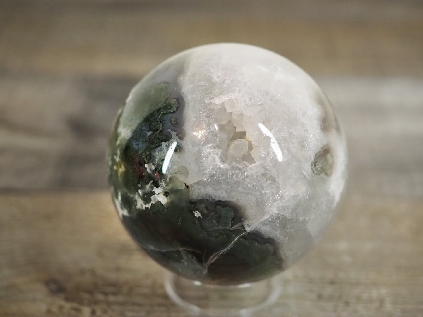 Moss Agate Sphere G with Druzy Pockets and Blue Chalcedony