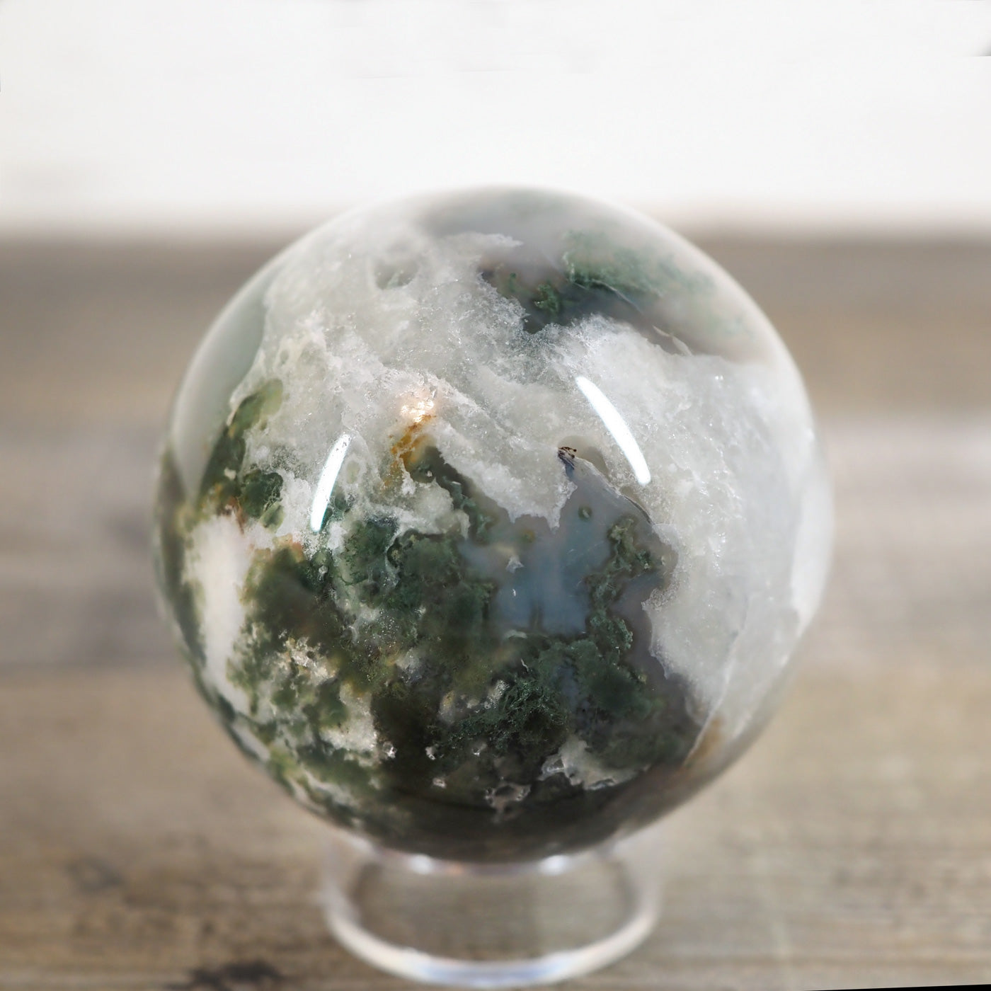 Moss Agate Sphere G with Druzy Pockets and Blue Chalcedony