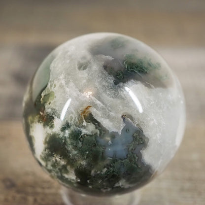 Moss Agate Sphere G with Druzy Pockets and Blue Chalcedony